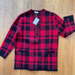 UNTUCKit Chloe Buffalo Plaid Cardigan Sweater Jacket Red Black Size Large NWT